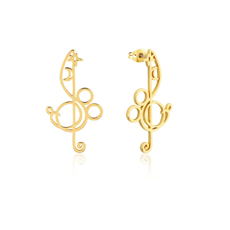 Personalized Silver Earrings for Brides-Disney Fantasia Gold Plated Treble Clef Mickey 60mm Drop Earrings