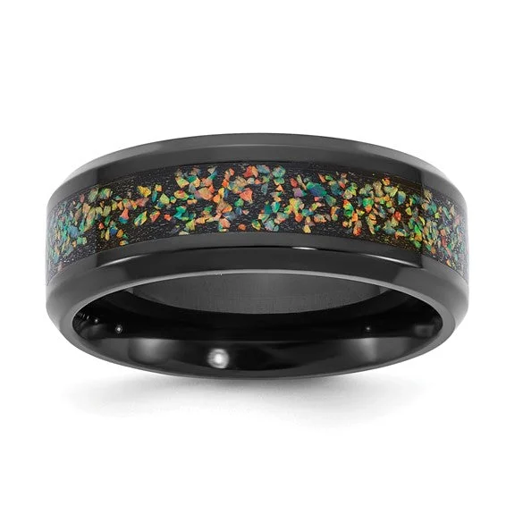 Classic Diamond Ring with Halo Setting-Titanium Black IP-plated Multi-color Opal Inlay 8mm Band