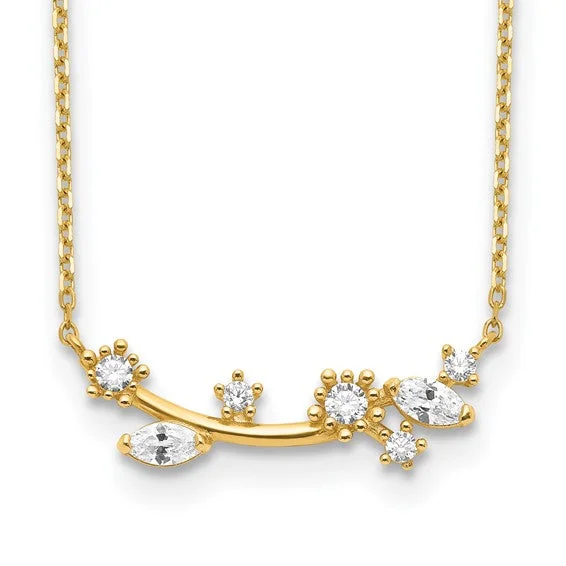 Elegant Choker Necklace for Weddings-14k Yellow Gold Floral CZ Branch Bar 18" Necklace