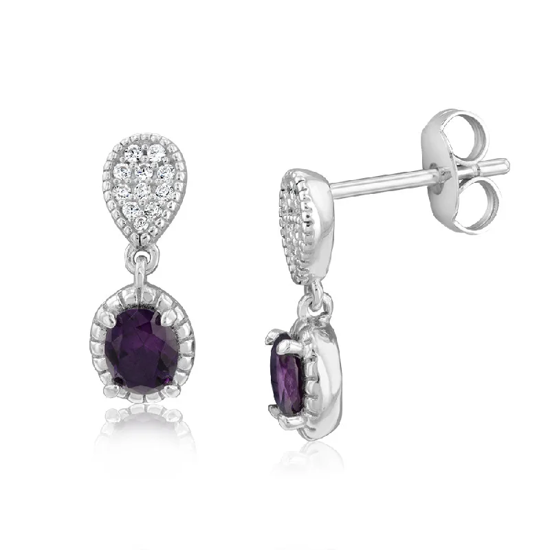 Luxury Silver Hoop Earrings for Brides-Sterling Silver Rhodium Plated Oval Created Amethyst And White CZ Drop Earrings