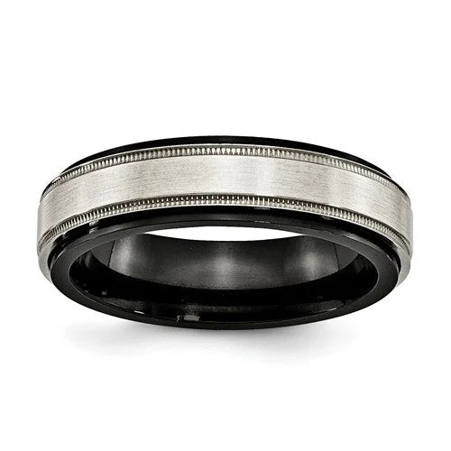 Simple Wedding Band with Personal Engraving-Edward Mirell Black Titanium & Sterling Silver Satin & Polished Milgrain Band