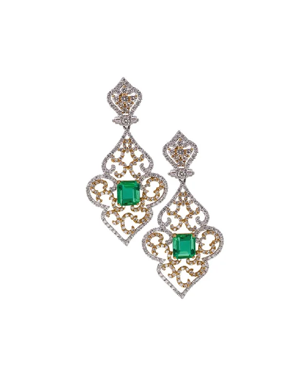 Luxury Diamond Stud Earrings-18K White and Yellow Gold, Emerald and Diamond earrings