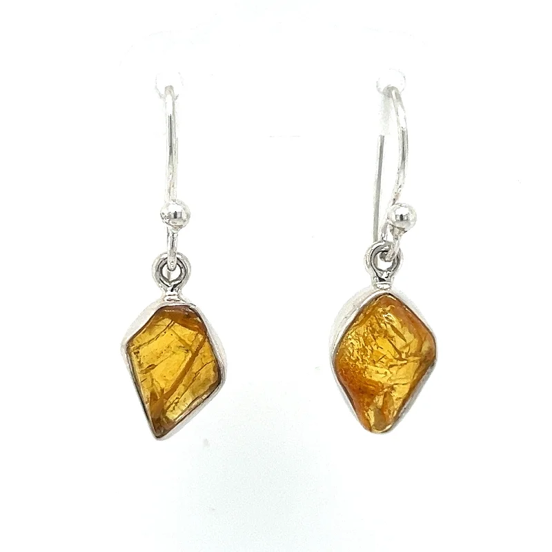 Geometric Silver Drop Earrings-Sterling Silver Amber Earrings