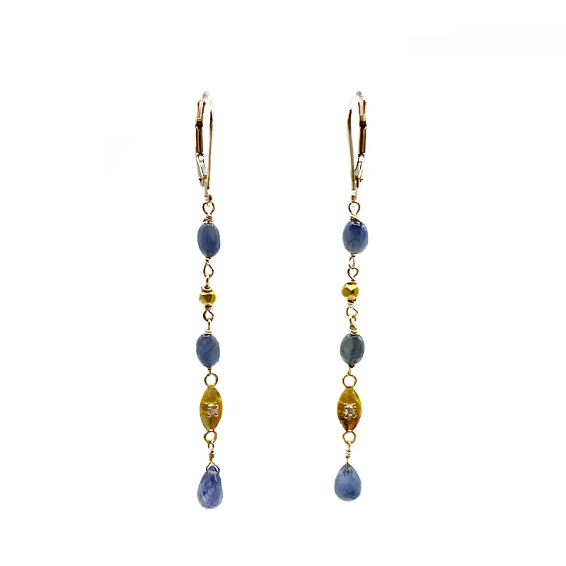 Unique Gold Stud Earrings-Dripping Sapphires and Diamonds Drop Earrings