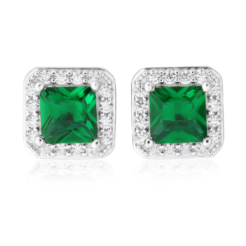 Unique Gold Drop Earrings-Sterling Silver Green and White Zirconia Cushion Cut Stud Earrings