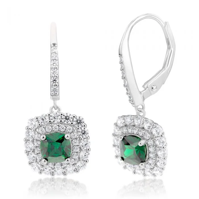 Silver Chandelier Earrings-Sterling Silver Rhodium Plated Green And White Cubic Zirconia Cushion Drop Earrings