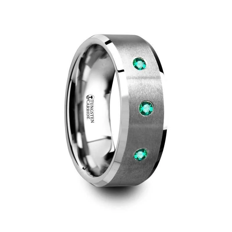 Simple Gold Engagement Ring with Princess Cut Gemstone-Thorsten ICARUS 3 Emerald Brushed Tungsten Wedding Ring with Polished Beveled Edges - 8mm