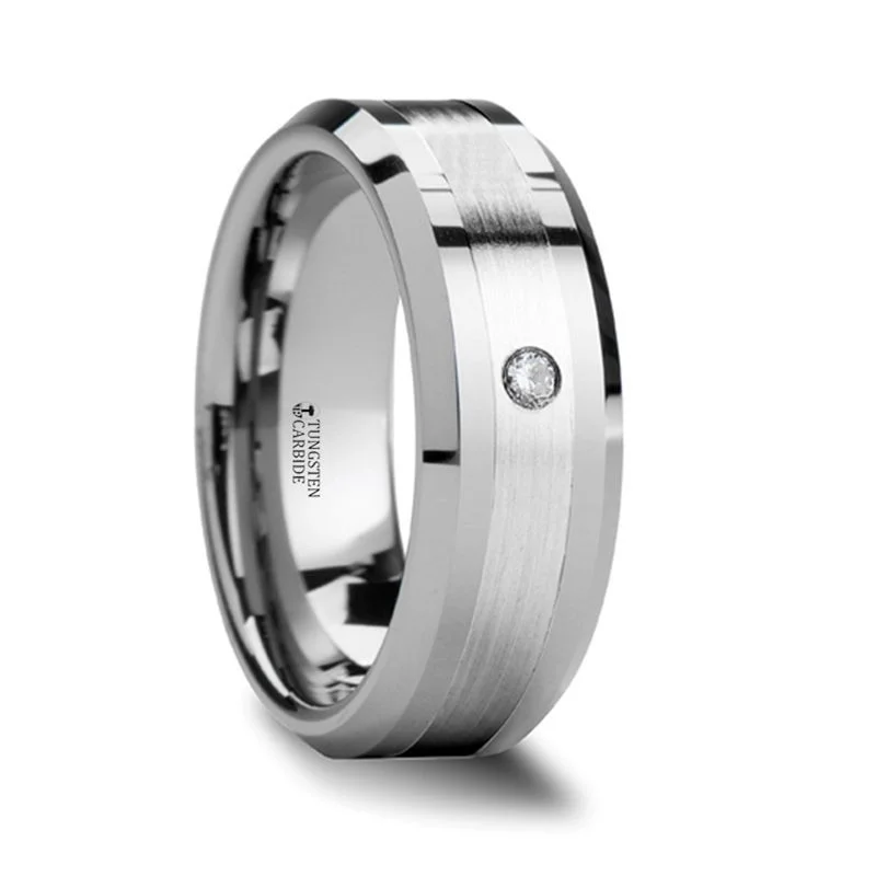 Customizable Rose Gold Ring with Personal Engraving-Thorsten GAUTIER Beveled Tungsten Carbide Ring w/ Palladium Inlaid & Diamond - 8mm