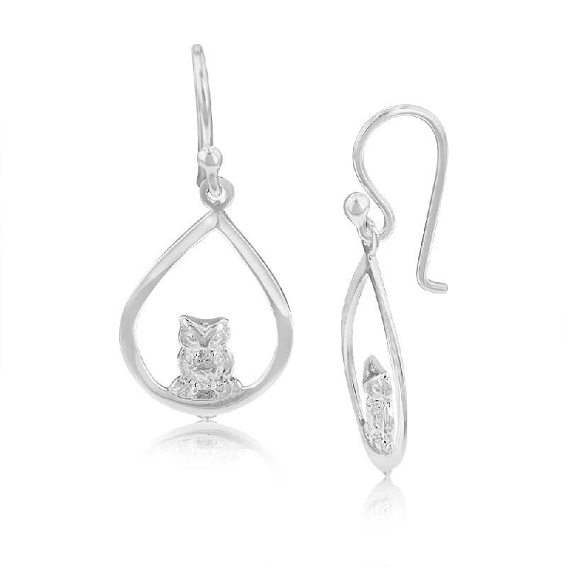 Elegant Drop Earrings for Brides-Sterling Silver Owl In Pear Drop Earrings