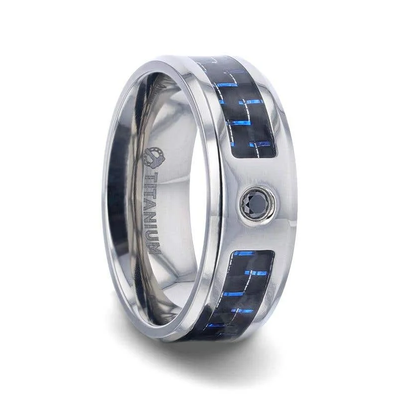 Custom Gold Ring for Couples with Birthstones-Thorsten PACIFIC Black And Blue Carbon Fiber Inlaid Titanium Men's Wedding Band With Beveled Polished Edges and Black Sapphire Center Stone