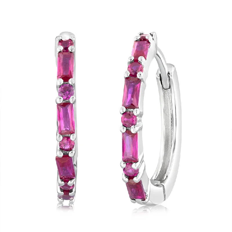 Fancy Crystal Earrings for Brides-Sterling Silver Created Ruby Hoop Earrings