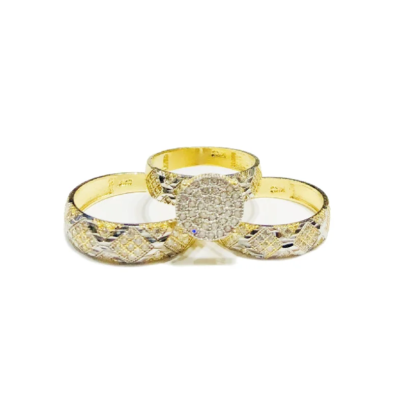 Unique Vintage Gold Ring with Citrine Stone-Three-Pieces "X" Diamond-Cut CZ Ring (14K)