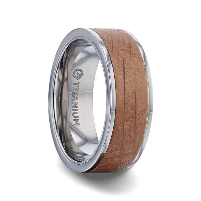 Custom Heart-shaped Engagement Ring with Gemstone-Thorsten STILL Whiskey Barrel Wood Inlaid Titanium Men's Wedding Band With Flat Polished Edges Made From Genuine Whiskey Barrels - 8mm