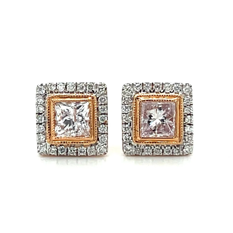 Bold Silver Earrings for Fashionistas-18k Two Tone Gold Fancy Color Diamond Princess Cut Halo Stud Earrings