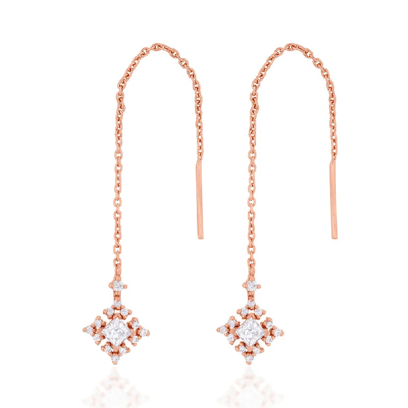 Elegant Wedding Earrings for Bridesmaids-Sterling Silver Rose Gold Plated Cubic Zirconia On Snowflake Threader Earrings