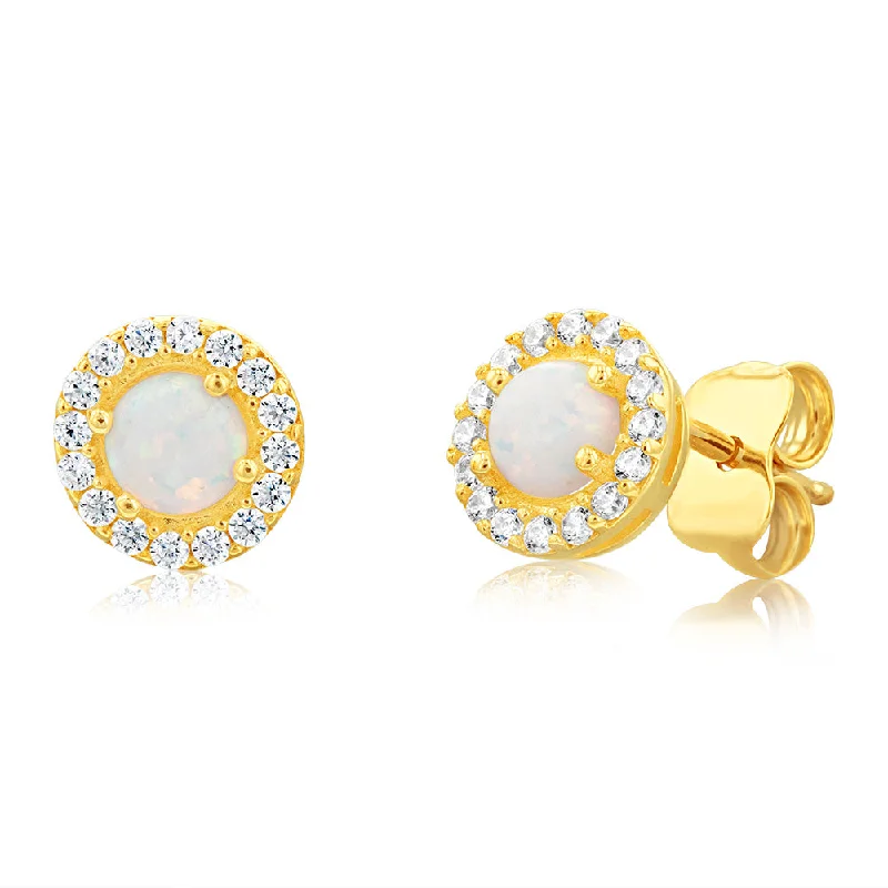 Handmade Gemstone Earrings-9ct Yellow Gold Round Opal And Zirconia Stud Earrings