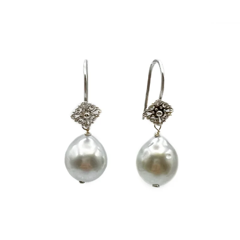 Beautiful Silver Earrings for Weddings-Light Grey South Sea Pearl on 18K White Gold Filigree Drop Earrings