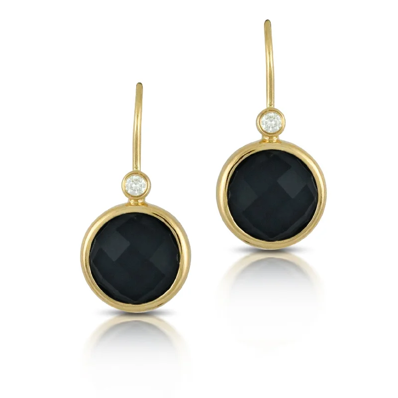 Silver Chandelier Earrings-Doves "Gatsby" Black Onyx & Diamond Round Drop Earrings 18K Yellow Gold