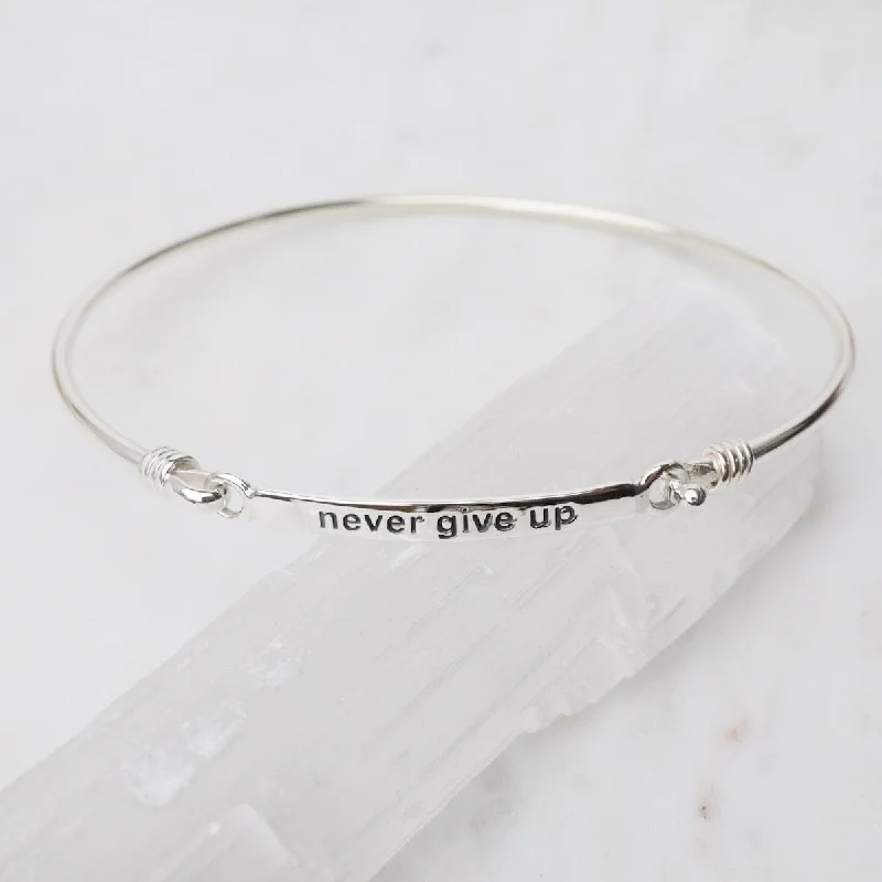 Customizable Gold Bangles with Custom Charms-"Never Give Up" Front Latching I.D Bangle