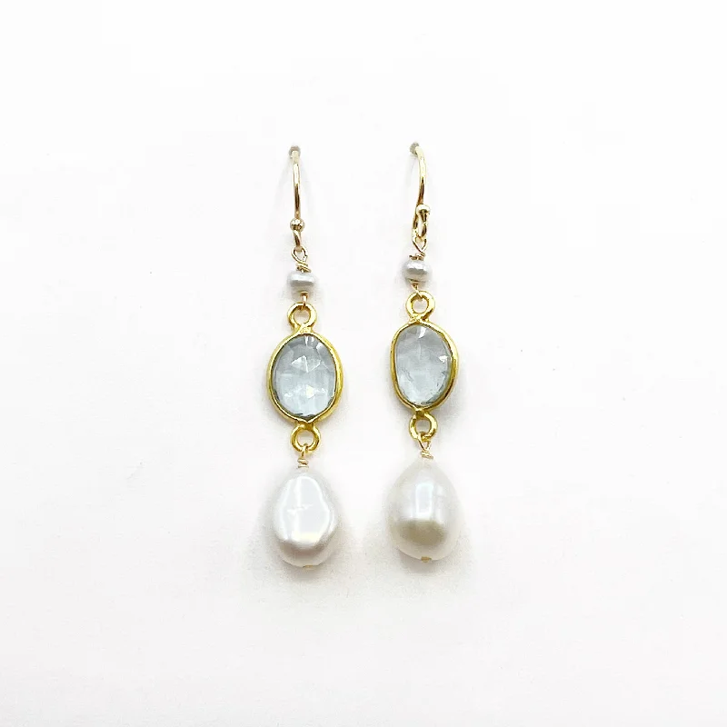 Luxury Hoop Earrings with Diamonds-Light Blue Topaz and Pearl set in Gold