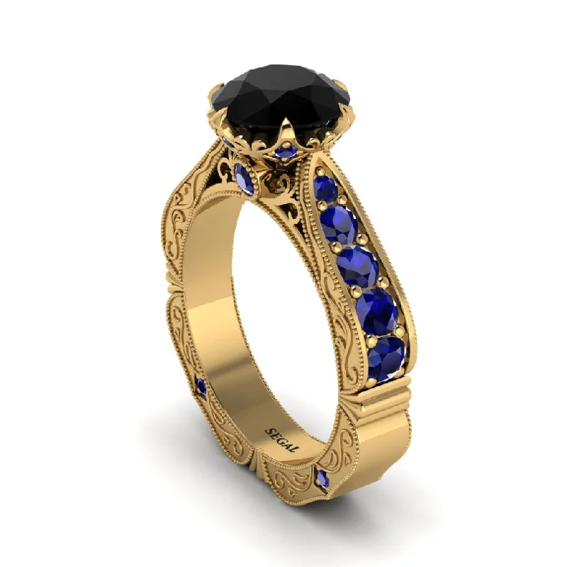 Custom Gold Ring for Couples with Birthstones-Black Diamond Victorian Scroll Engagement Ring - Kehlani No. 67