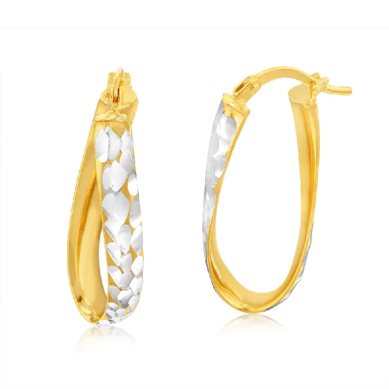 Fashionable Hoop Earrings with Charms-9ct Yellow And White Gold Silverfilled Diamond Cut Oval Hoop Earrings