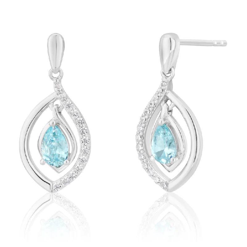 Classic Diamond Drop Earrings-Sterling Silver Blue and White Zirconia Drop Earrings