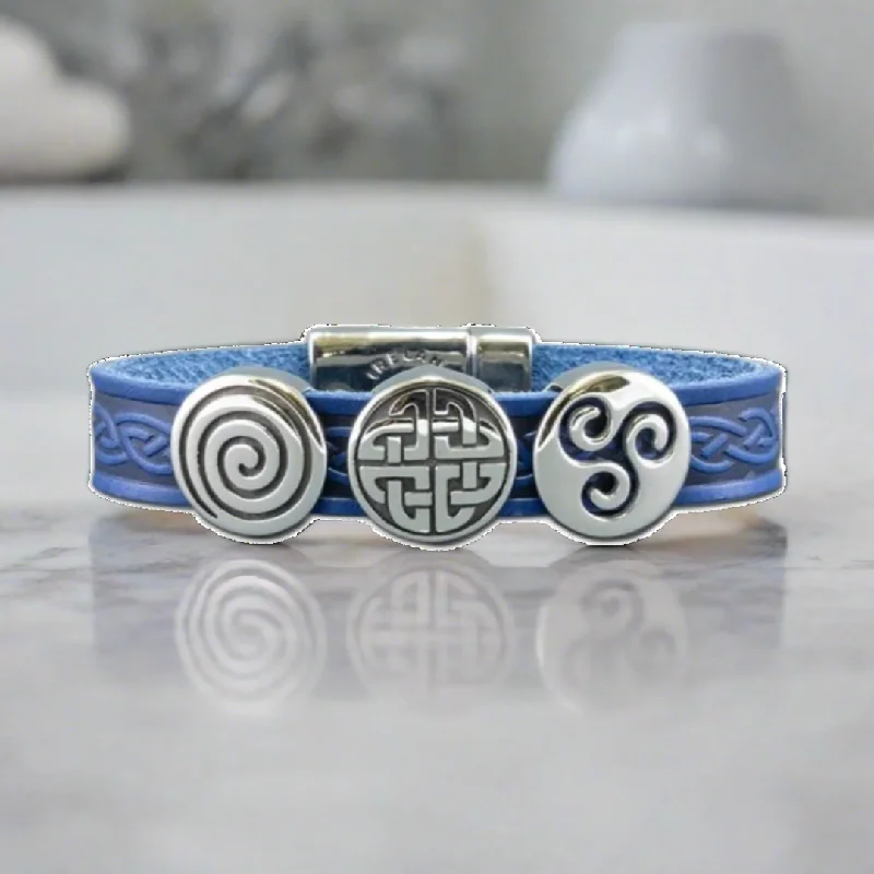 Simple Silver Bracelet with Family Initials-Celtic Leather Blue Aoife Cuff Bracelet