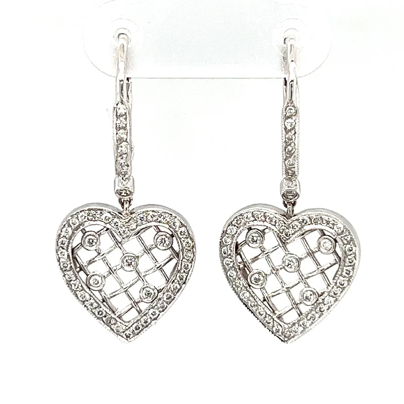 Classic Silver Drop Earrings-Pre-Owned 18k White Gold Diamond Heart Fashion Earrings by Dev Valencia Designer Collection