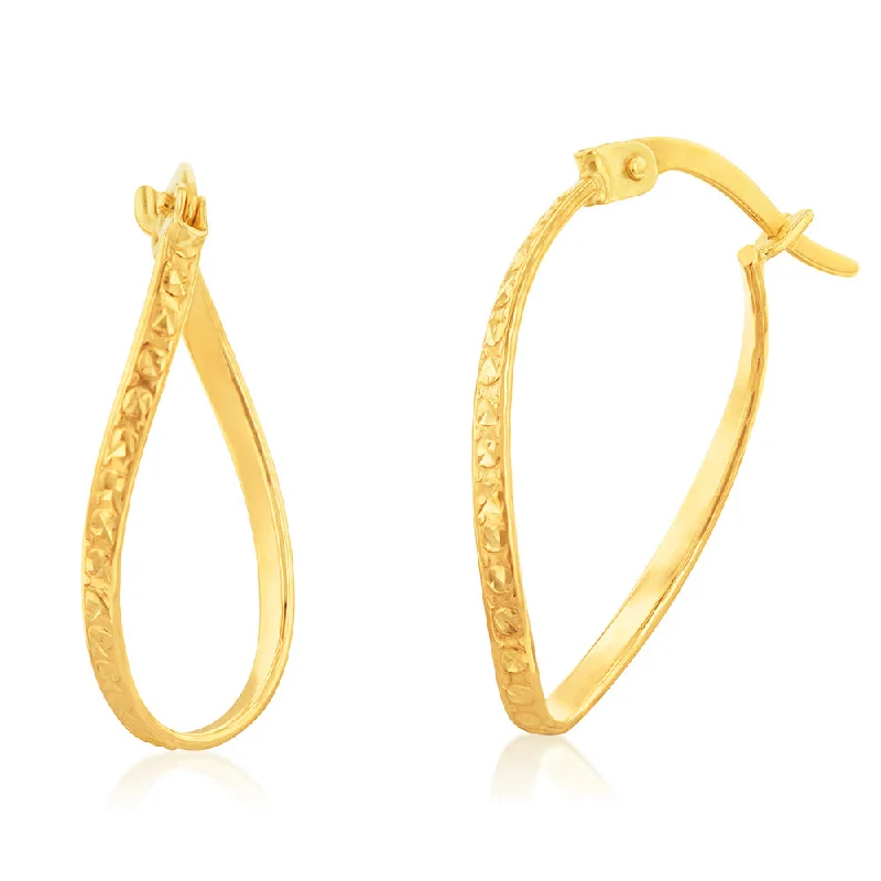 Luxury Gemstone Earrings for Weddings-9ct Yellow Gold Double Side Diamond Cut Twisted Hoop Earrings