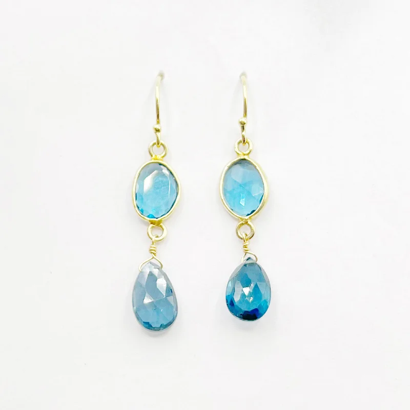 Boho Chic Earrings for Summer-Blue Topaz and  Yellow Gold  Drop Earrings