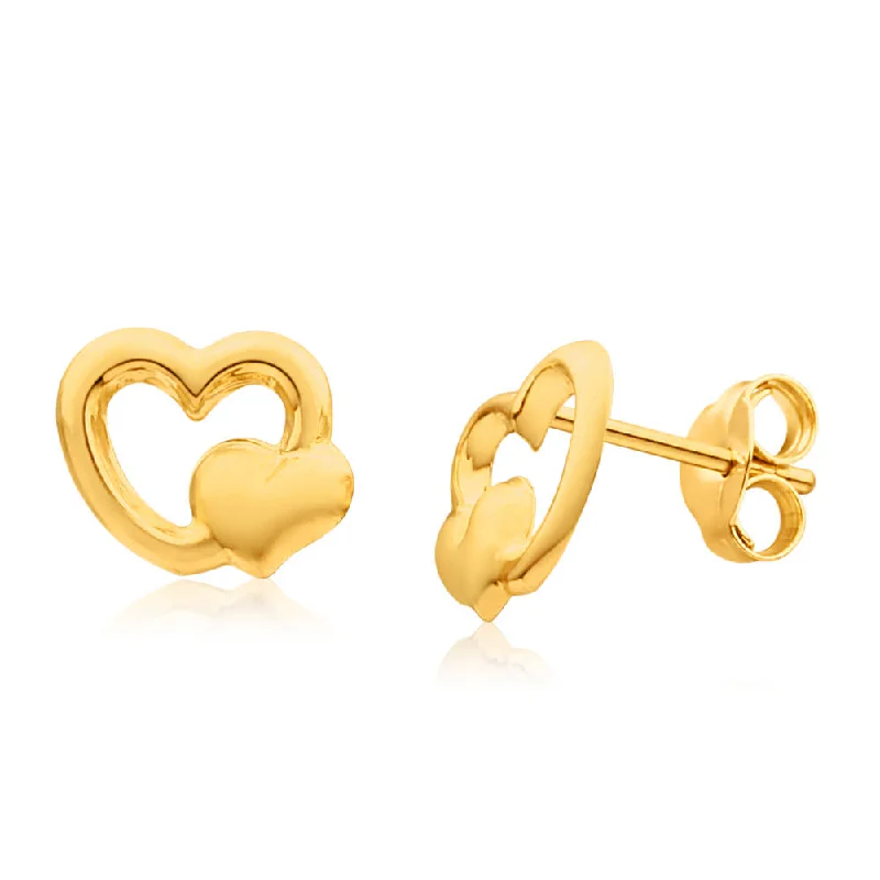 Elegant Long Crystal Earrings-9ct Yellow Gold Double Heart Stud Earrings