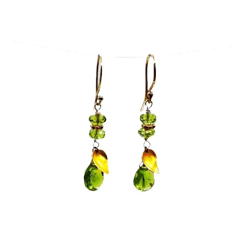 Simple Gemstone Earrings for Work-Peridot Beaded Briolette 18 Karat Gold Earrings