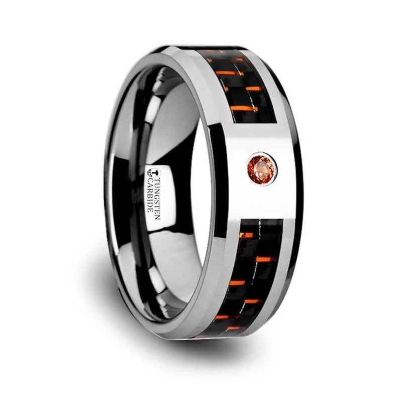 Personalized Custom Ring with Birthstone and Name-Thorsten NOAH Tungsten Ring Black Orange Carbon Fiber Padparadscha Sapphire Setting - 8mm