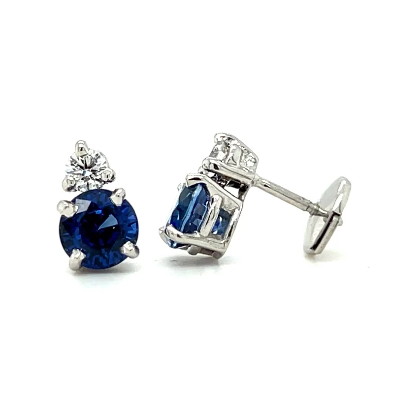 Elegant Earrings with Gemstones-Pre-Owned Platinum Blue Sapphire & Diamond Stud Earrings