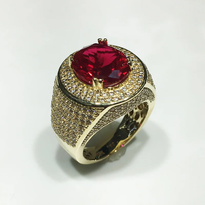 Custom Rose Gold Ring with Diamond Center Stone-Men's Iced-Out Red Stone Ring 14K