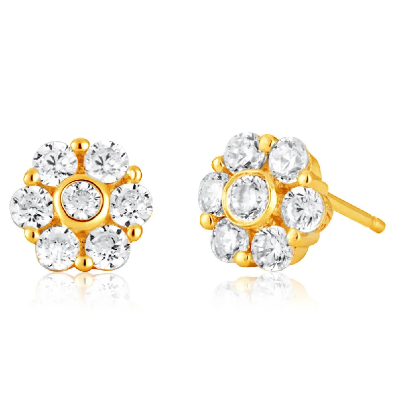 Stylish Earrings with Colored Gems-9ct Yellow Gold Flower Stud Earrings with Cubic Zirconias