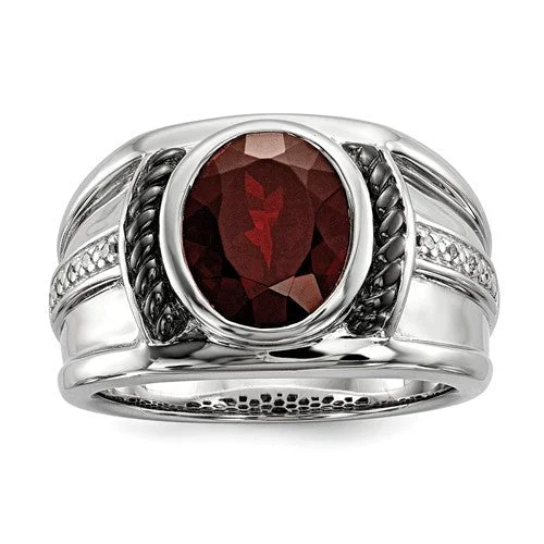 Luxury Gemstone Ring with Diamond Halo-Sterling Silver Garnet & Diamond Oval Black Rhodium-Plated Men's Ring