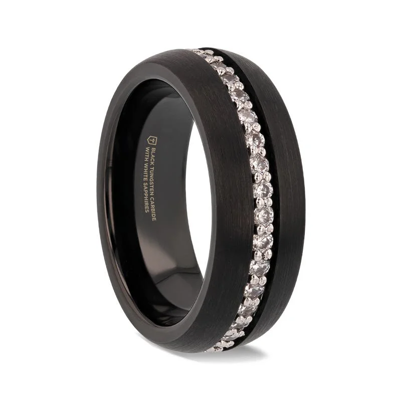 Custom Wedding Ring Set with Unique Design-Thorsten TSAR Black Tungsten Carbide Ring Domed Brushed Finish White Sapphires - 8mm