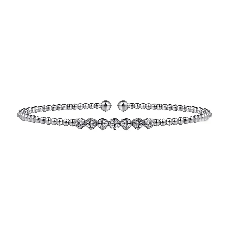 Trendy Silver Bangles with Simple Crystal Inlays-Gabriel 14K White Gold Bujukan Bead and Cluster Diamond Bangle