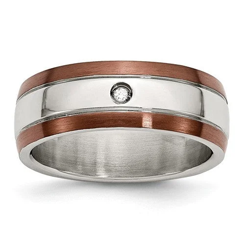 Simple Silver Ring with Birthstone for Special Occasions-Stainless Steel Brown IP-Plated Brushed Finish Diamond 8mm Polished Band