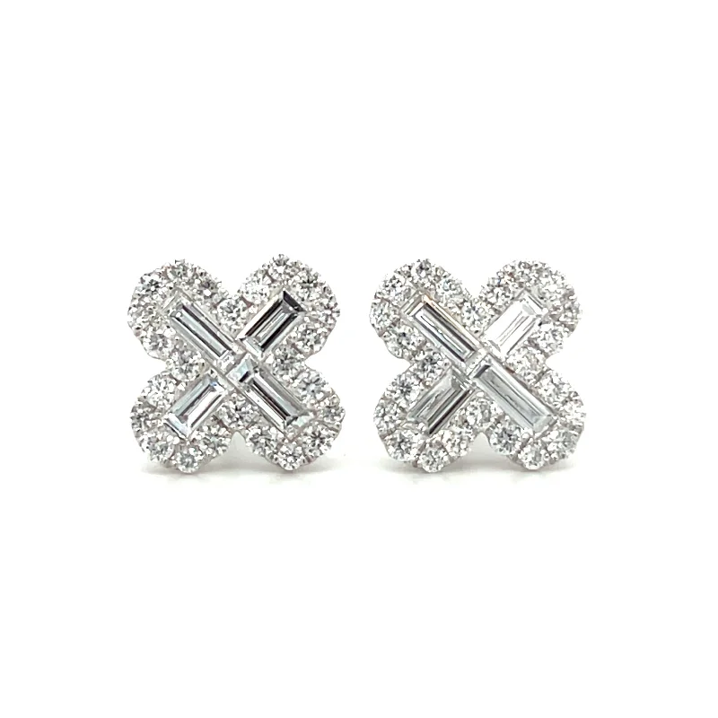 Dainty Silver Earrings for Women-18k White Gold Diamond Clover Stud Earrings