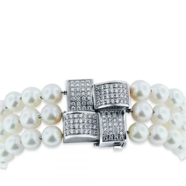 Trendy Silver Bracelet with Custom Birthstones-Triple strand Akoya pearl bracelet with custom diamond clasp