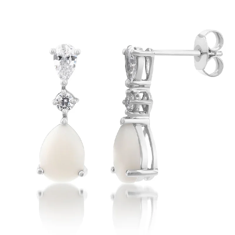 Chunky Gemstone Earrings-Natural White Opal and Zirconia Earrings in 9ct White Gold