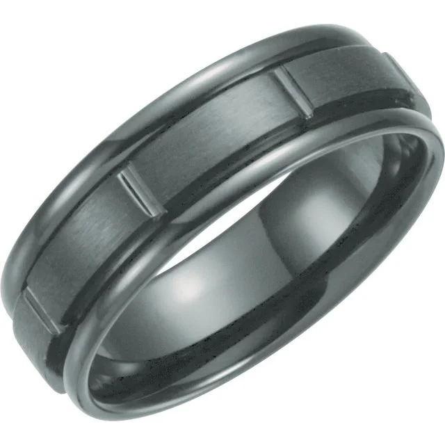 Simple Gemstone Ring with Minimalist Design-Black Titanium 7 mm Grooved Band