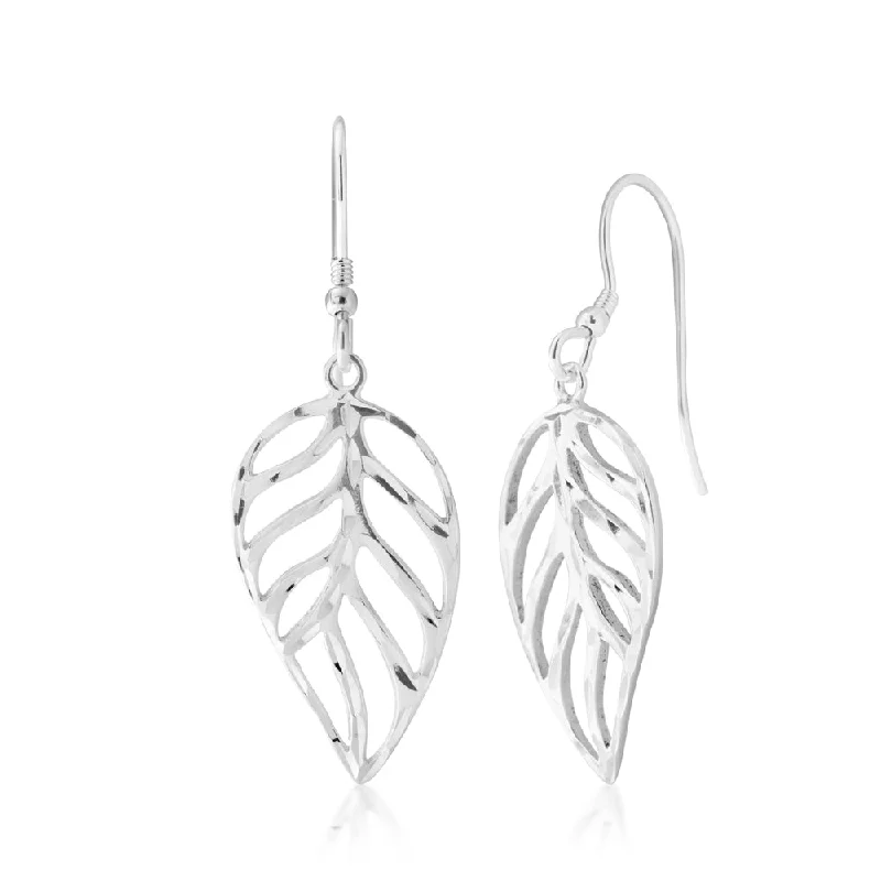 Simple Pearl Stud Earrings-Sterling Silver Open Leaf Drop Earrings